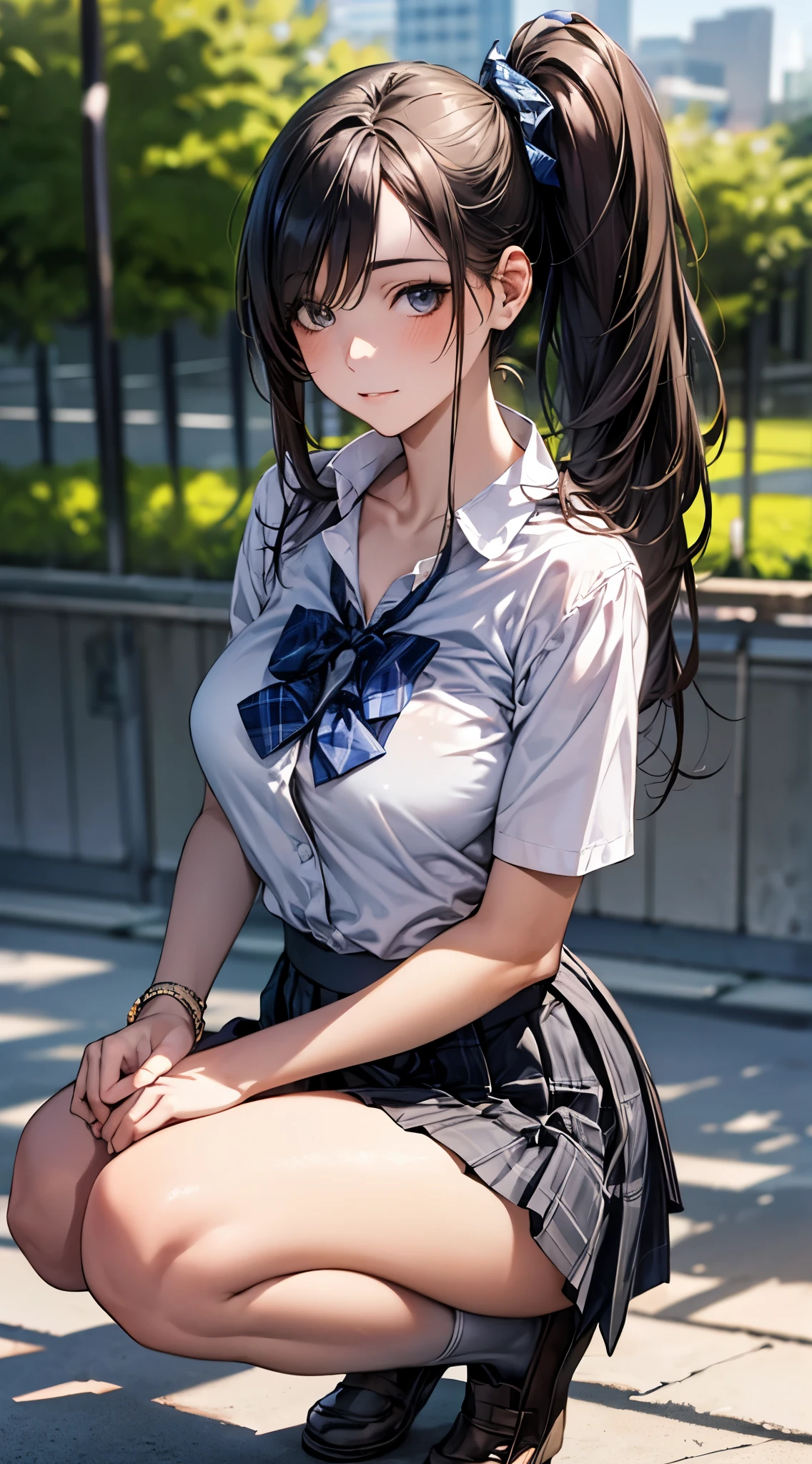 (masterpiece:1.2, top-quality), (realistic, photorealistic:1.4), beautiful illustration, 
looking at viewer, full body, front view:0.6, 
1 girl, japanese, high school girl, (long hair:1.5), blown hair, (side ponytail), hair over one eye, large breasts:0.8, 
beautiful hair, beautiful face, beautiful detailed eyes, beautiful clavicle, beautiful body, beautiful chest, beautiful thigh, beautiful legs, beautiful fingers, 
(beautiful scenery), school,
((collared short sleeve shirt, white shirt, , grey plaid pleated skirt, blue plaid bow tie)), white panties, 
(squatting, , lift up skirt, grab the hem of the skirt, hands on chest, hand between leglush, ,