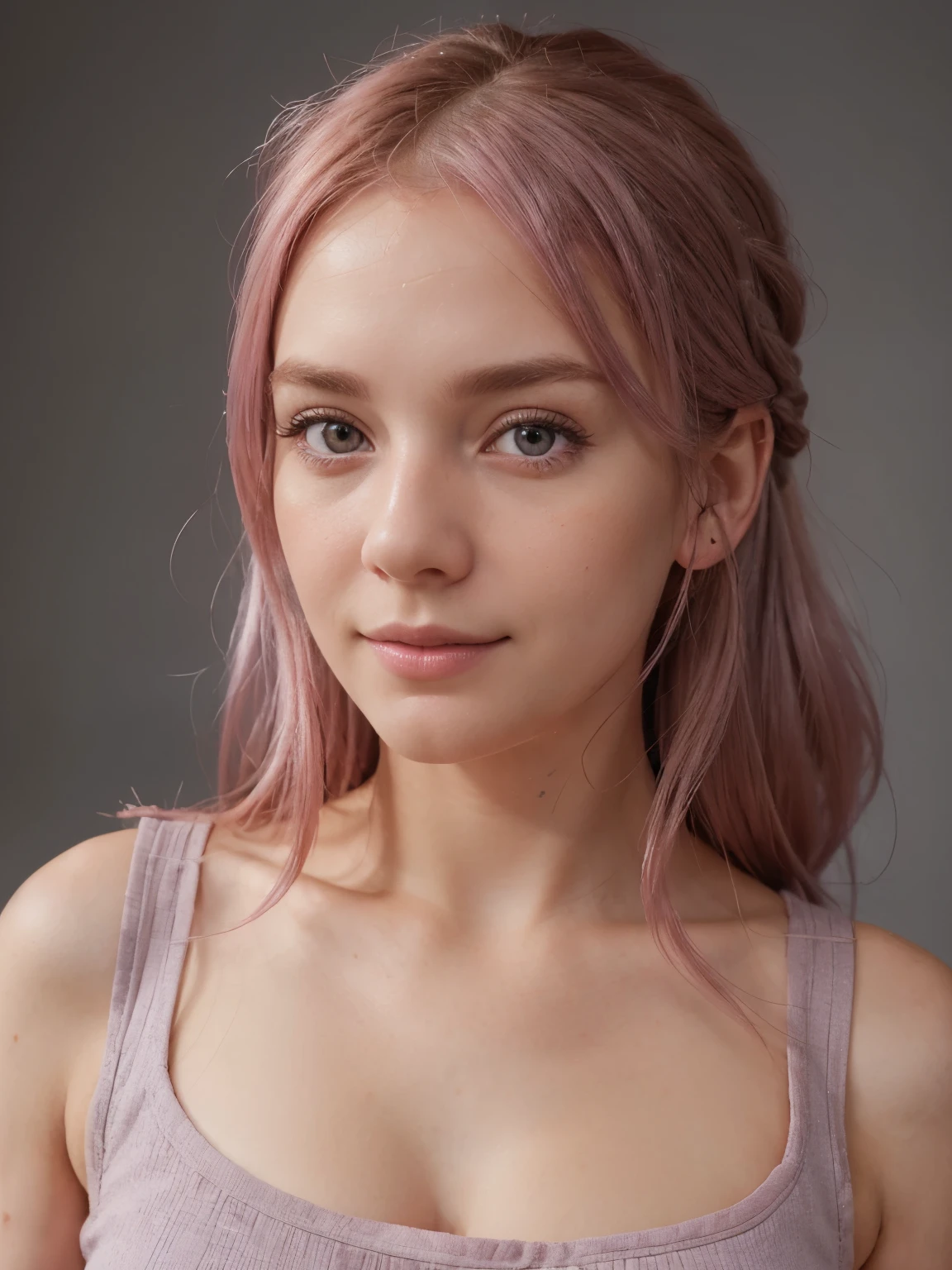 profile photo style of beautiful characteristic mauve pink haired German girl wearing casual German outfit, cute nose, blush, photo studio head and shoulders portrait shoot with gray color background, flash photography, centered mid shot, ((Best Quality)), (Ultra-detailed), (extremely detailed CG unified 8k), Highly detailed, High-definition raw color photos, Professional Photography,   (happy face:0.8)