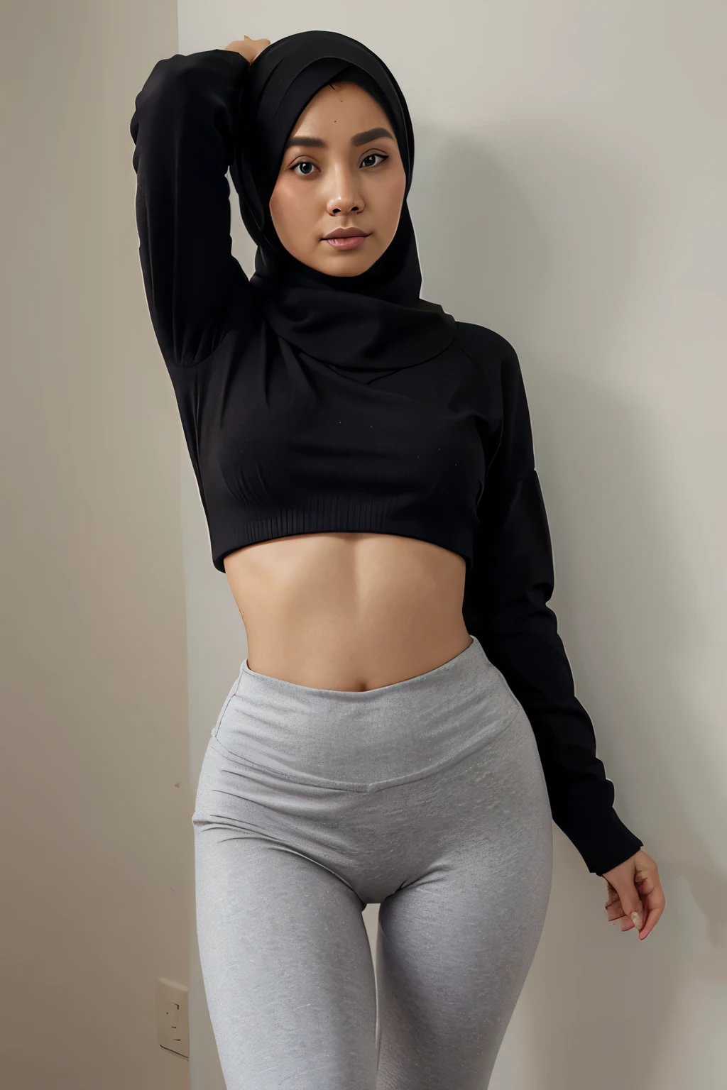 A woman in a black top and grey pants posing for a picture - SeaArt AI