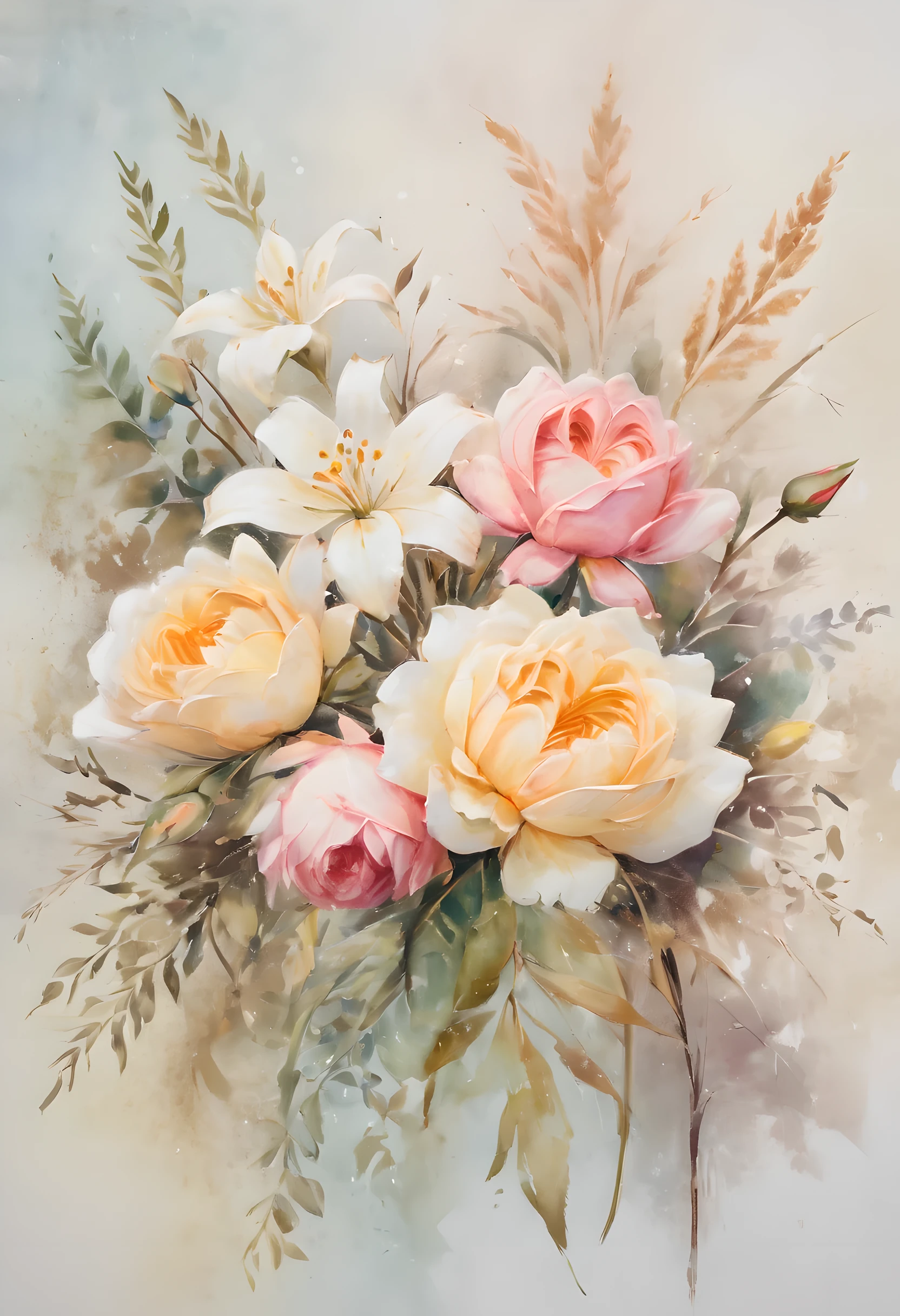 Blumenarrangement im Aquarellstil, mit leuchtenden Blüten in sanften Pastelltönen. Die Komposition zeigt eine Vielzahl von Blumen, Inklusive Rosen, Lilien, und Gänseblümchen, jedes ist mit komplizierten Pinselstrichen gemalt, die die Textur und Transparenz von Aquarellen nachahmen. Der Hintergrund ist ein Lichtschein, luftige Farben, Schafft eine verträumte und ätherische Atmosphäre. Diese Nahaufnahme fängt die komplizierten Details und die sanfte Schönheit des Blumenarrangements ein, ein Gefühl der Gelassenheit und Ruhe hervorrufen. Die Fotografie, mit seiner aquarellinspirierten Komposition und sanften Farben, ein Kunstwerk, das die Vergänglichkeit der Blumen feiert.,UHD,Meisterwerk ,8k