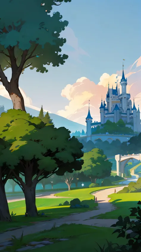 anime scene of a castle with a green tree and a path, castle background, light kingdom backdrop, shadowy castle background, back...