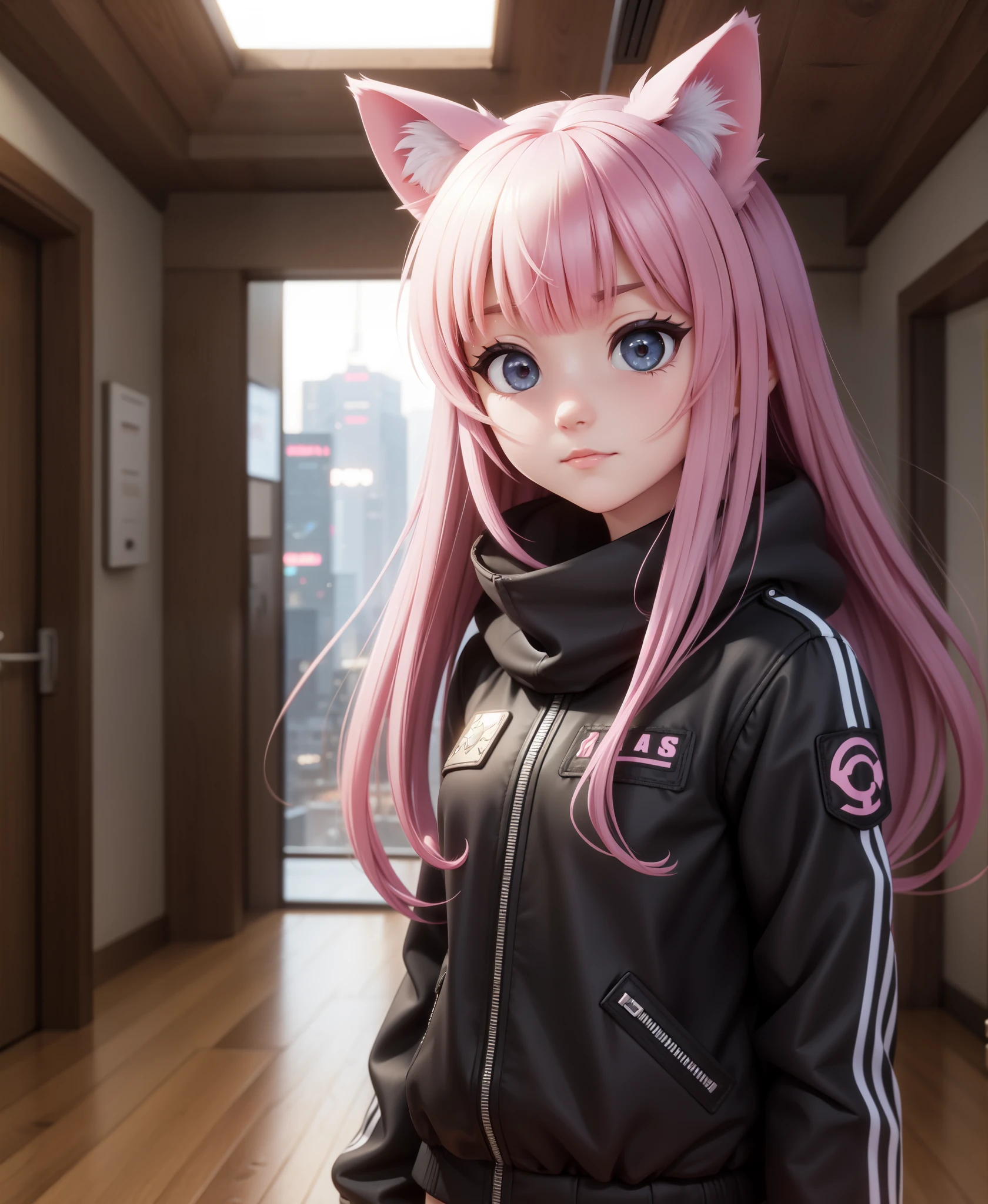 a anime character with a cat ears on her head in a hallway, Aya Goda, anime art style, cyberpunk art, furry art, 1girl, animal_ears, bangs, black_jacket, black_scarf, building, city, jacket, long_hair, long_sleeves, looking_at_viewer, orange_eyes, outdoors, solo_focus, sunset, upper_body