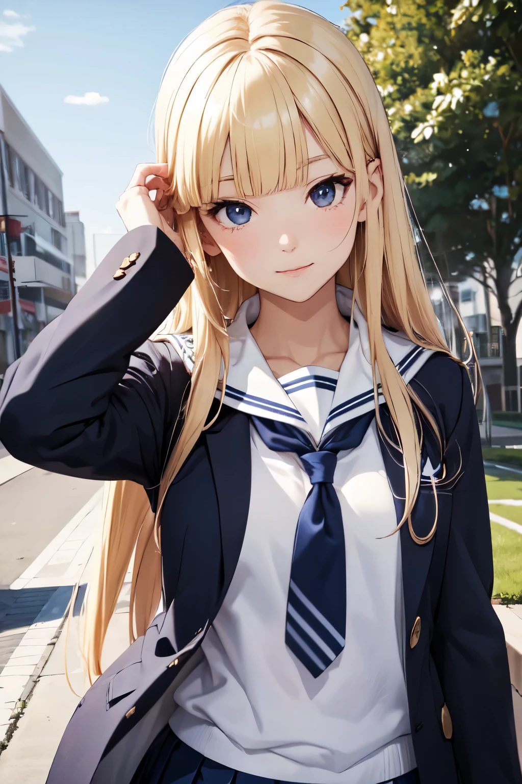 （In 8K, best quality, muste piece:1.2)、ultra high resolution,1 female 14 years old、ultra-detailed face,detailed eyes,cinema lighting、cool、Tree eyes,well-groomed nose、blonde、hime cut, long hair, medium bangs,sensuous smile,nose blash,long hair,BREAK,school uniform, blazer,Navy blue jacket,,navy pleated skirt,BREAK,((sailor collar shirt、white shirt)), (Light blue scarf),long sleeves,BREAK,detailed hand fingers,captivate your audience,Walking through the schoolyard with a view of the school building and flower beds