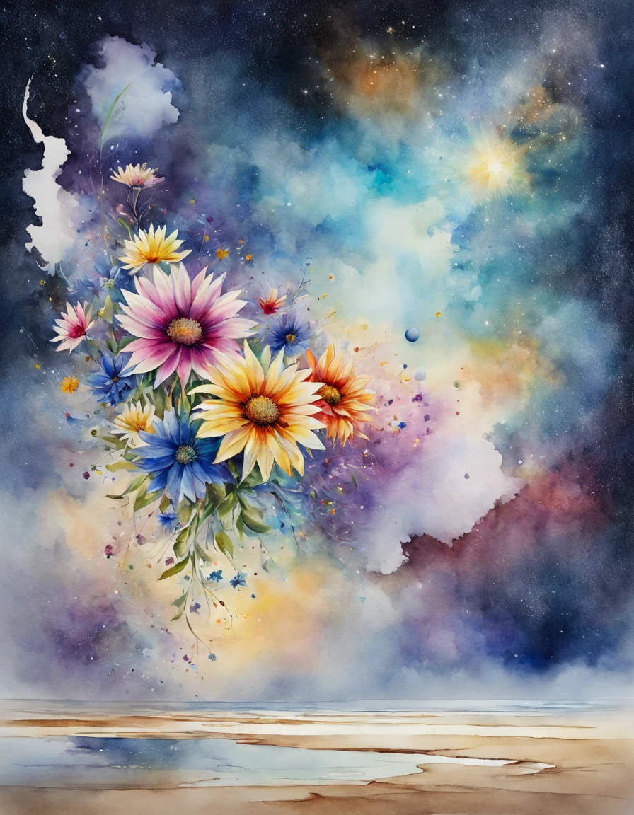 Aquarellkunst, Blumen, Watercolor Blumen, Mehrfarbige Aquarellblumen schweben im Raum zwischen der Erde und dem Sternenhimmel und bilden einen sanften Übergang zwischen den Wolken oben und dem Sand unten, Aquarell psychedelische Kunst, Gewinner des internationalen Aquarellwettbewerbs