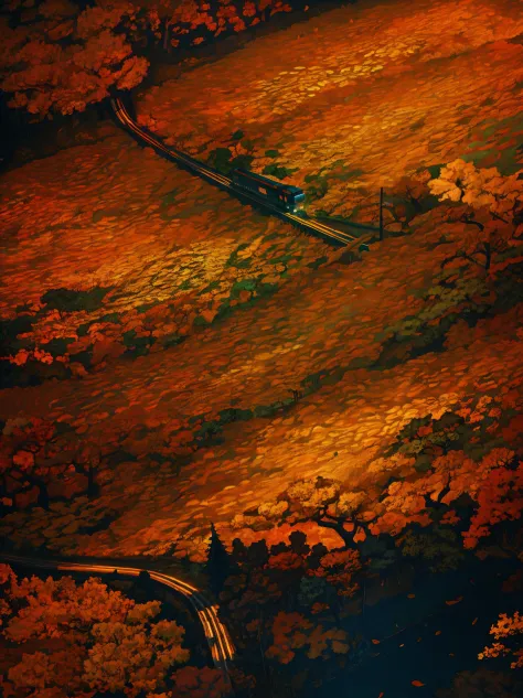 A painting of an autumn landscape, autumn trees and dead trees, dead leaves blowing, perspective view of train tracks, evening light, dark sky.