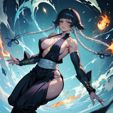 great quality, (1 woman), Sui-Feng, Soifon, Bleach, diamond face, perfect eyes, (wearing mage robe), mage robe, (standing) magic, casting spell, strong shadows, full body, detailed face, (casting spell), blue flashes of light, blue sparks, in battle, detai...