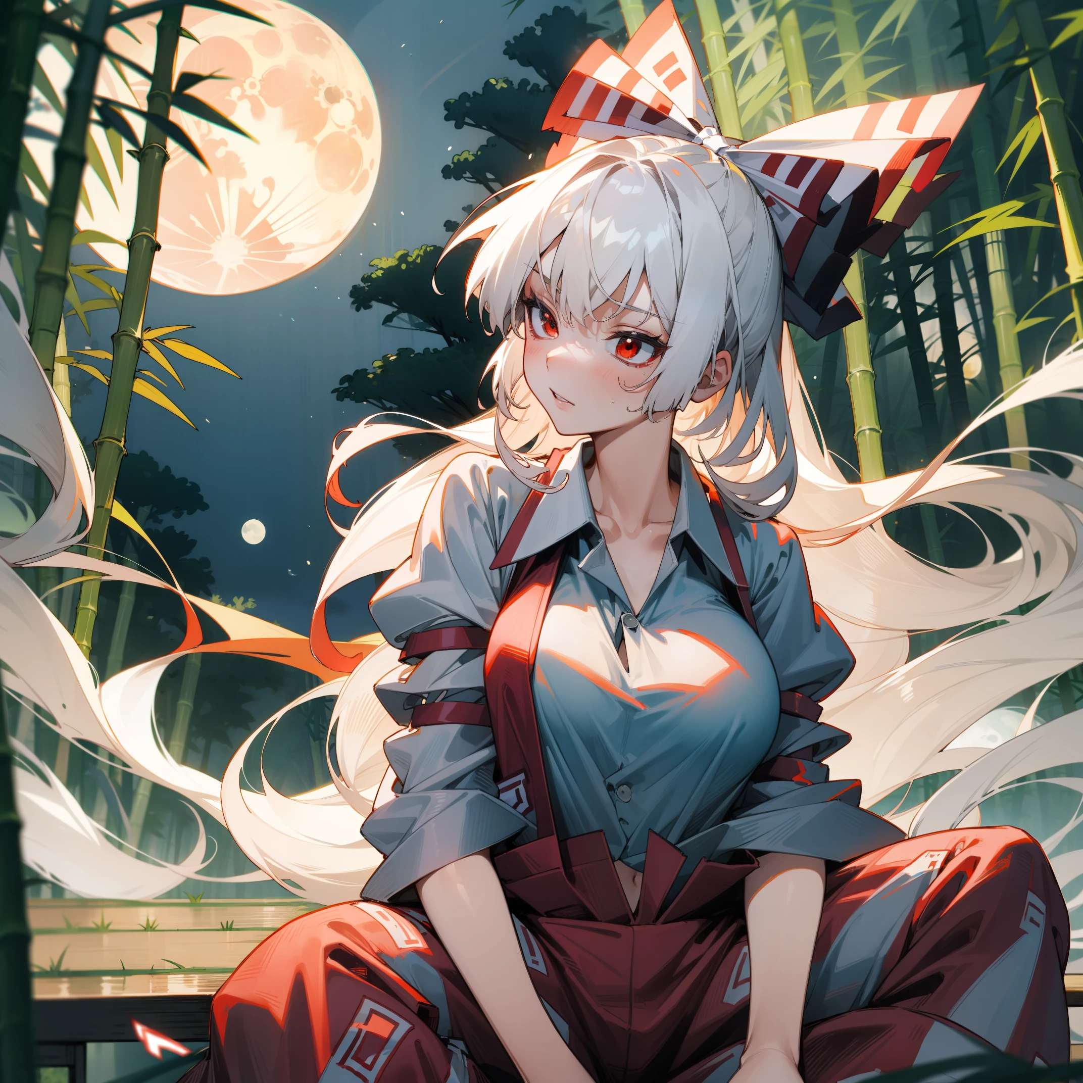 Fujiwara no Mokou(from Touhou) in bamboo forest. She has big tits. She has white hair, red eyes. She's wearing a white shirt, sit, night, moon, hair ribbons, 