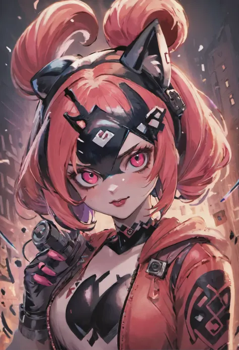 Anime girl with pink hair and red eyes holding a gun - SeaArt AI