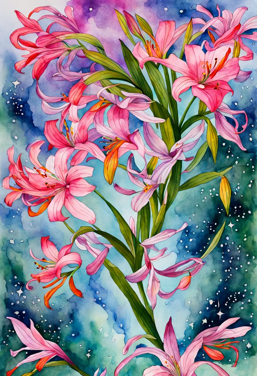 Watercolor Art, Flowers, Watercolor Flowers, multicolored watercolor lilies and nerine fly in the space between the earth and th...