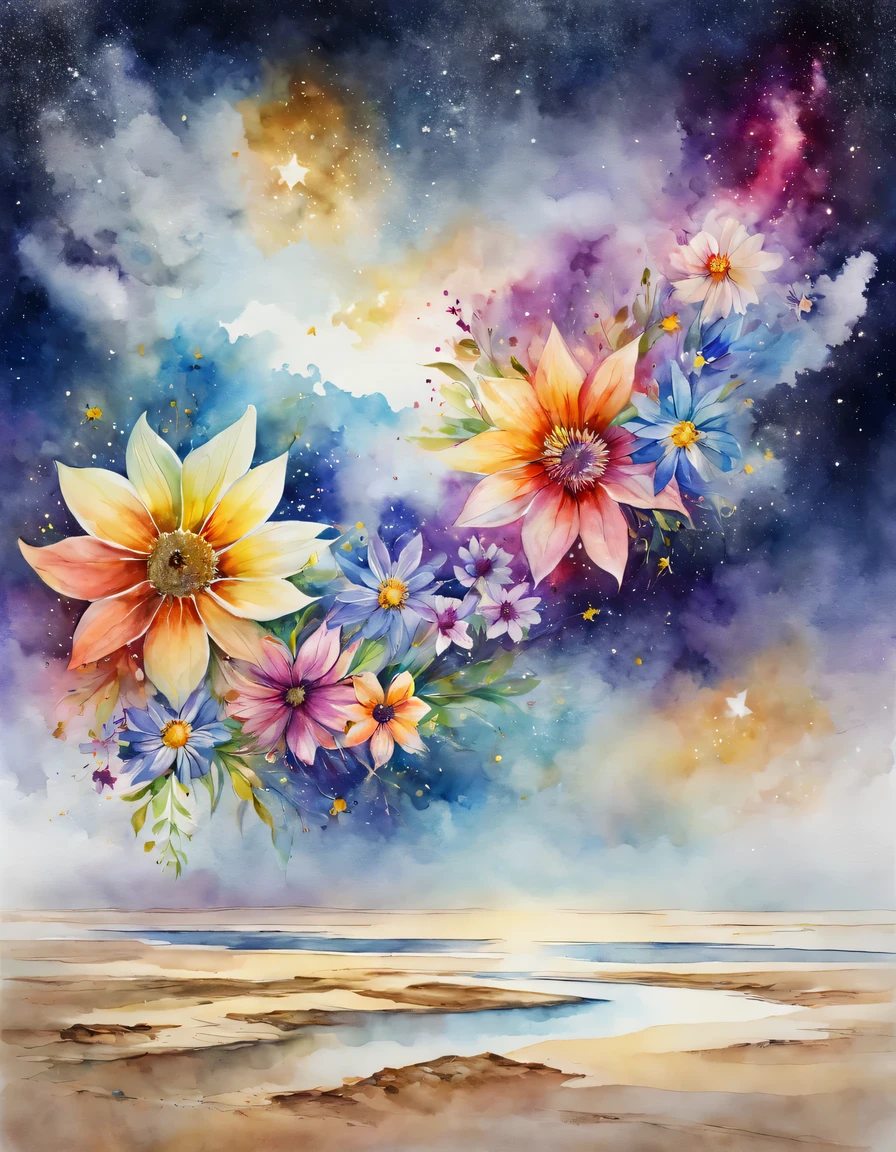 Aquarellkunst, Blumen, Watercolor Blumen, разноцветные акварельные Blumen плавают в пространстве между землей и звездным небом и представляют собой плавный переход между облаками вверху и песком внизу., Aquarell psychedelische Kunst, Gewinner des internationalen Aquarellwettbewerbs