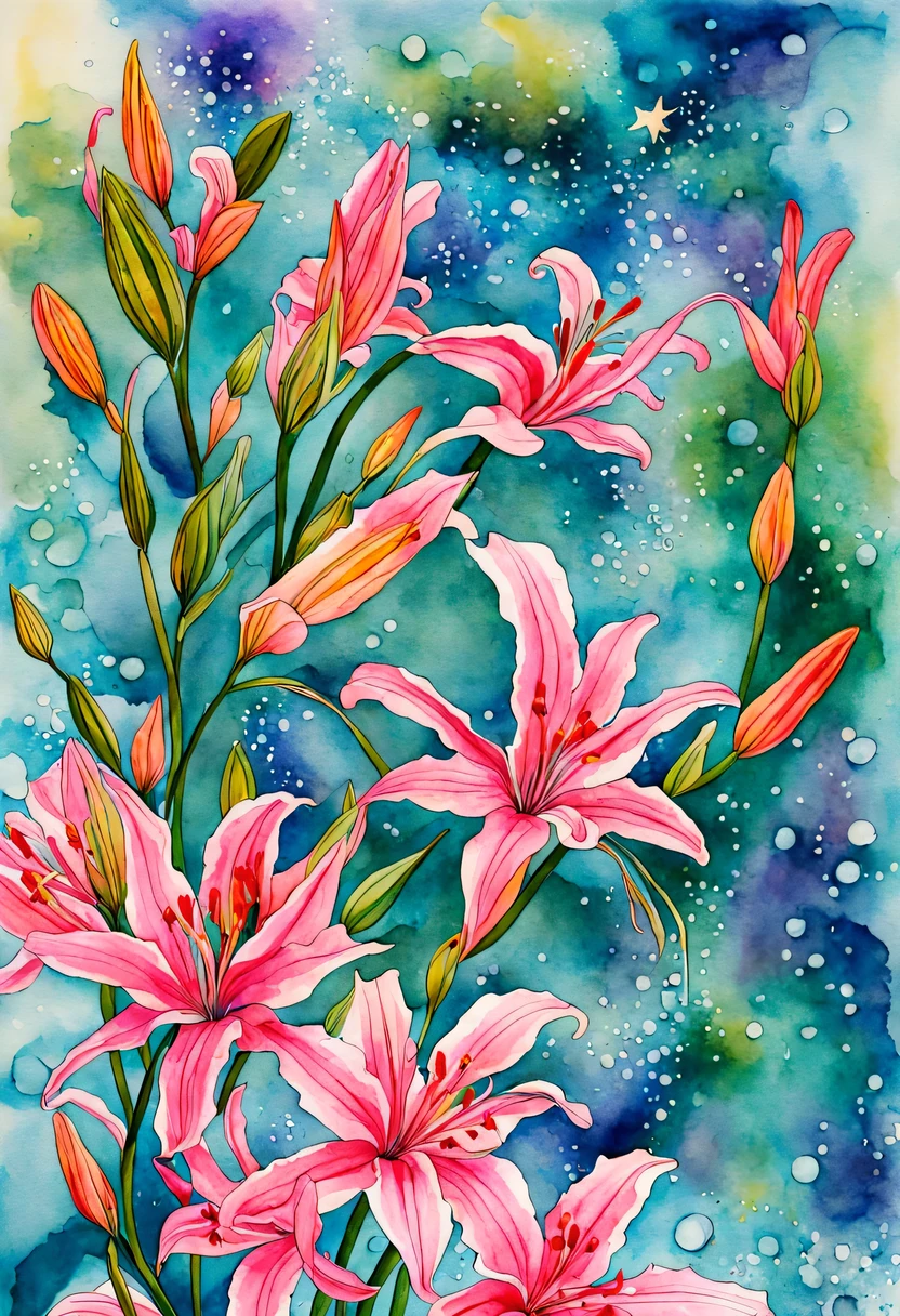 Watercolor Art, flowers, Watercolor flowers, Multi-colored watercolor lilies and nerina fly in the space between the earth and the starry sky and represent a smooth transition between space above and dust below, cosmic dust falls to the ground and forms blooming lilies and nerines., cosmic dust in the form of blooming lilies and nerina connects heaven and earth, a lot of Lilies and Nerines, watercolor psychedelic art, winner of the international watercolor painting competition