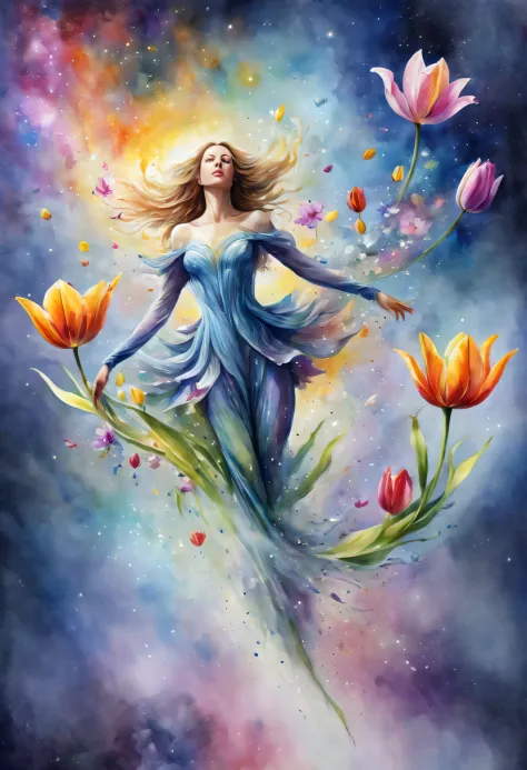 watercolor art, flowers, watercolor flowers, multi-colored watercolor lilies and tulips fly in the space between the earth and t...