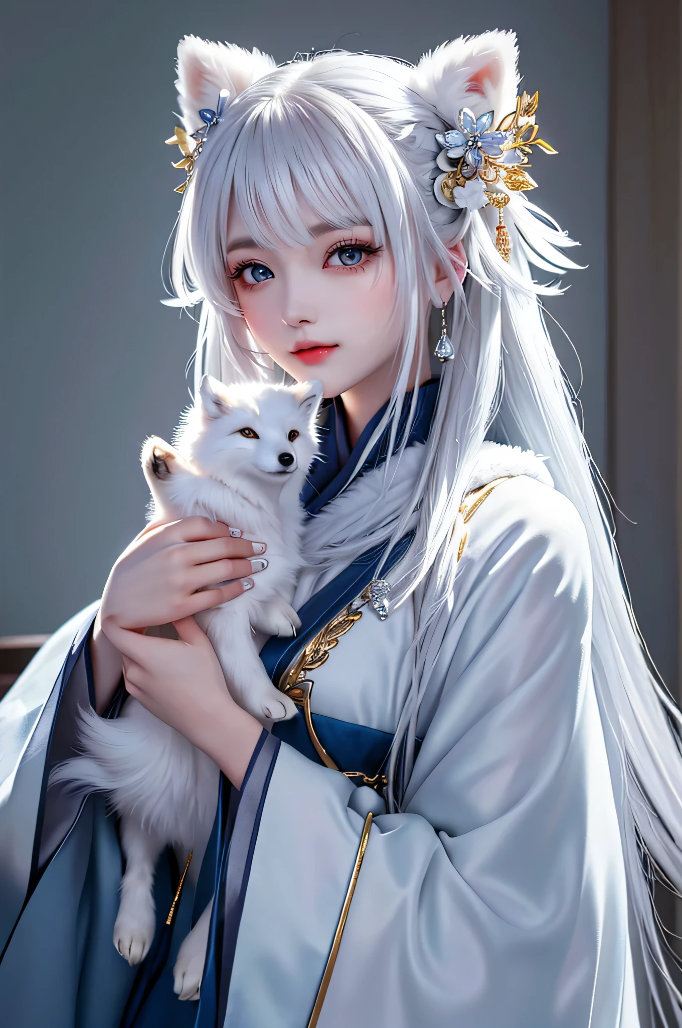 A woman in a white dress holding a white cat - SeaArt AI