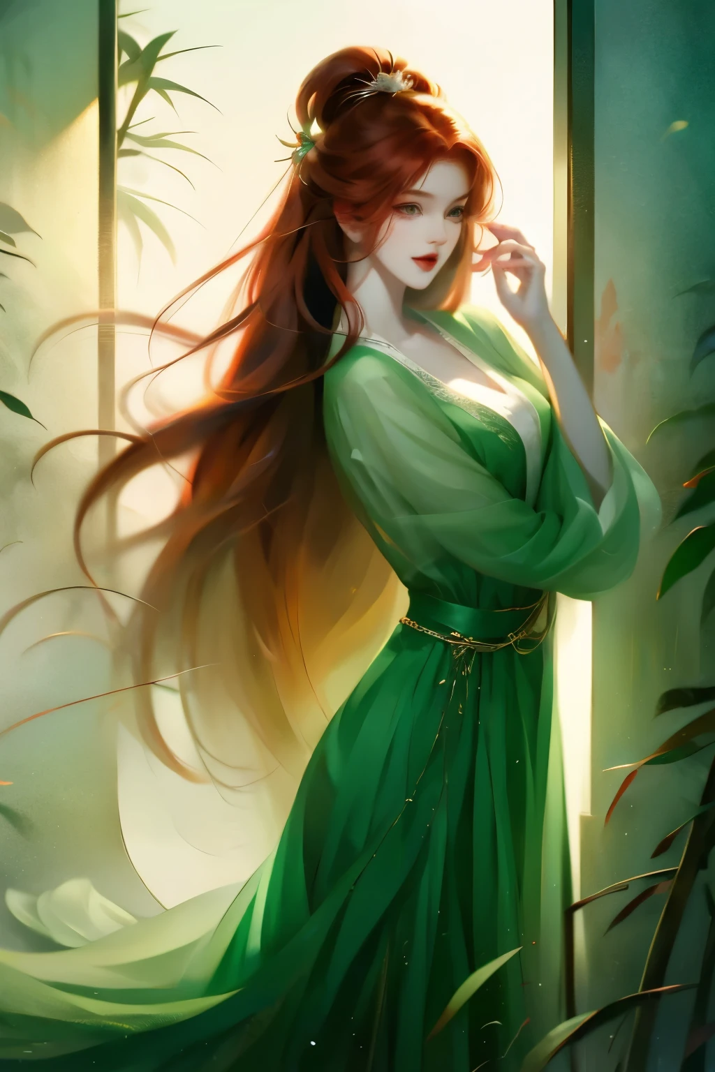 HD, (best detailest quality), Red-haired woman posing for photo with long red hair and green dress, Mature and gorgeous, natural light and shadow