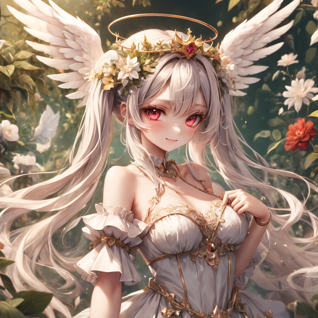 (kawii:1.4),(best quality:1.4), (intricate details:1.4),(ultra-detailed:1.4),(8k:1.4),(masterpiece:1.4) ,(fantasy Garden:1.4),(beautiful eyes:1.4),(anime style:1.4),(a angel queen with wavy Twintail:1.4), geometry ,detailed wing,chaos,(small breasts:1.4),smile,(big crown),(White hair),red eyes,(full body:1.4),black Dresses with detailed decorations,
(all detailed:1.4)
