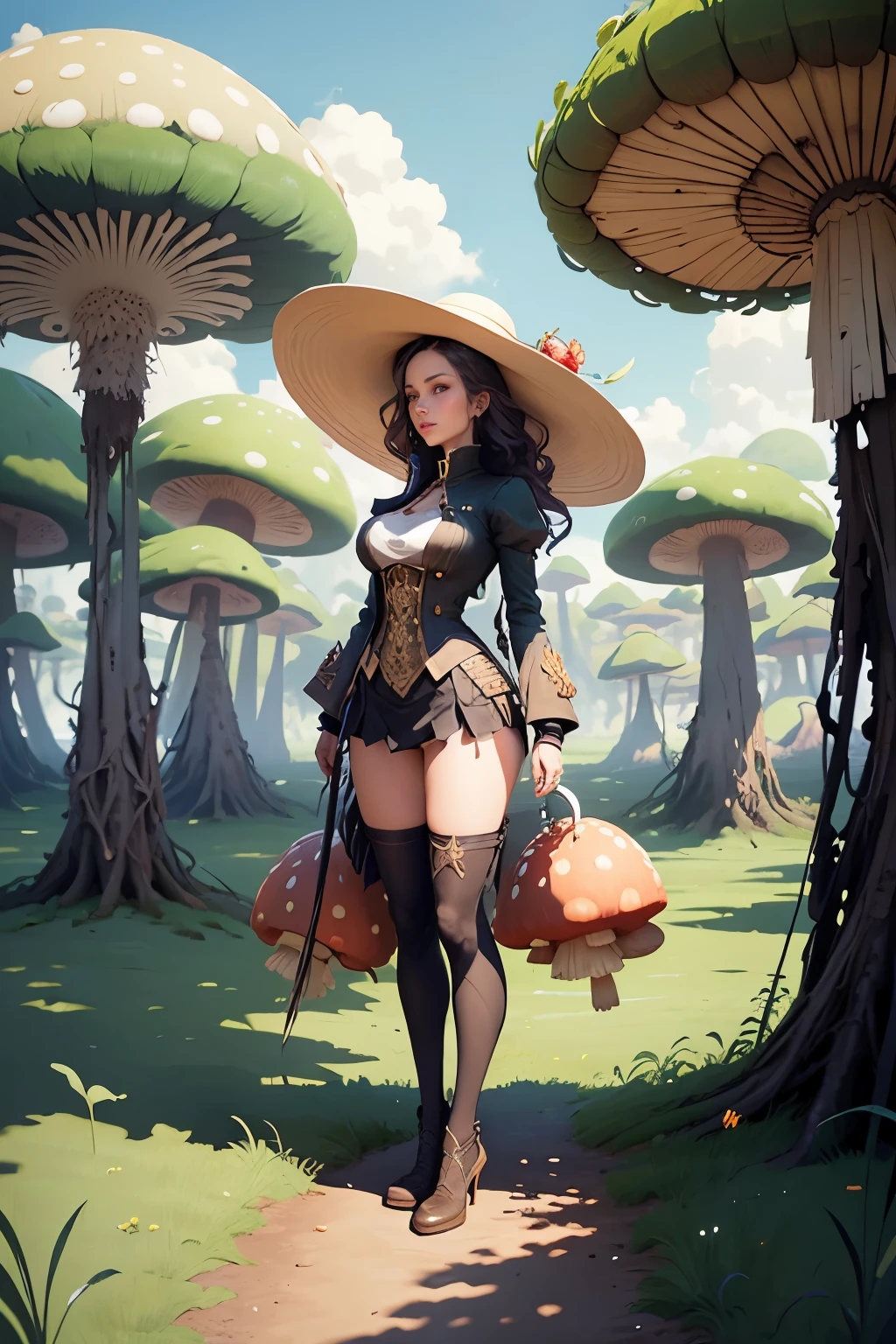  une femme avec un chapeau, debout dans un champ de champignons géants, peter Mohrbacher. Moteur irréel, peter Mohrbacher style, Mohrbacher, style of peter Mohrbacher, Wlop et Krenz Cushart, in style of peter Mohrbacher, in the art style of Mohrbacher, peter Mohrbacher artstyle