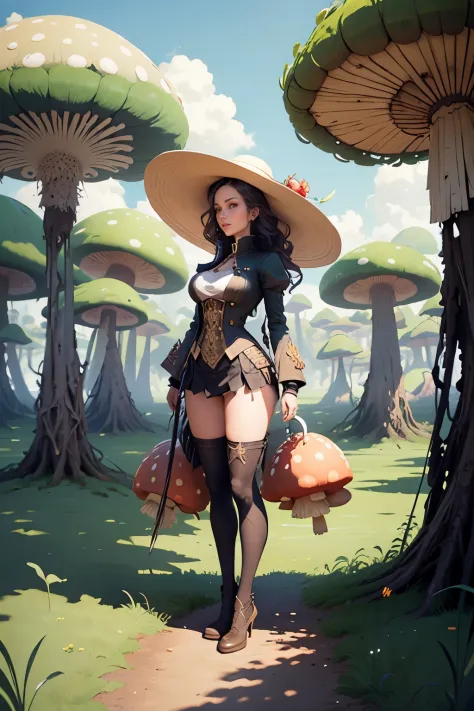  a woman with  hat, standing in a field of giant mushrooms, peter mohrbacher. unreal engine, peter mohrbacher style, mohrbacher,...