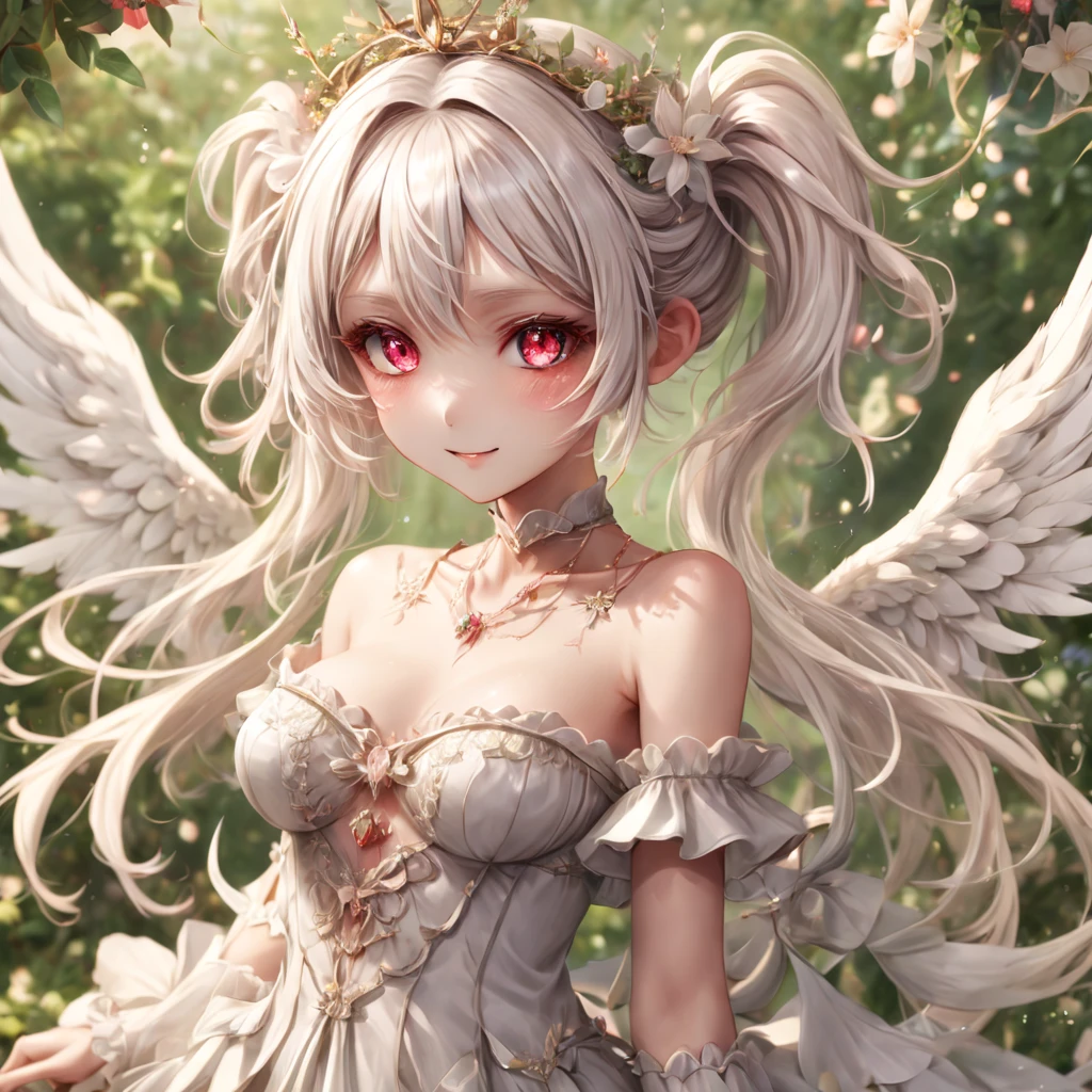 (kawii:1.4),(best quality:1.4), (intricate details:1.4),(ultra-detailed:1.4),(8k:1.4),(masterpiece:1.4) ,(fantasy Garden:1.4),(beautiful eyes:1.4),(anime style:1.4),(a angel queen with wavy Twintail:1.4), geometry ,detailed wing,chaos,(small breasts:1.4),smile,(big crown),(White hair),red eyes,(full body:1.4),black Dresses with detailed decorations,
(all detailed:1.4)