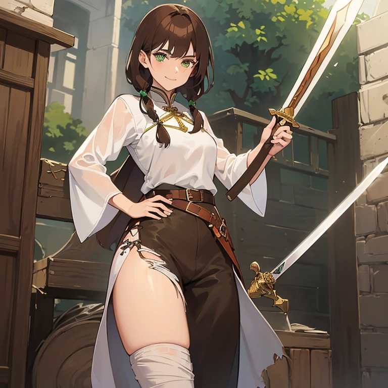 ((1 man, brown hair, green eyes)),((with torn clothes, with an open white blouse with Bhutan, brown ripped pants)),((with a sword belt, with shit)),((holding a wooden magic staff)),((with a tired look and a kind smile)),walking on the medieval street during the day