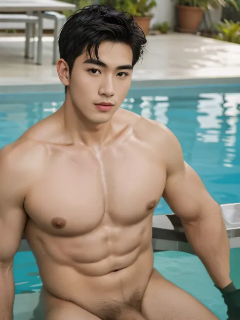 Young man, swimmer，Swimming pool，Asian people，detailed background，Healthy body,  manอายุ , thailand，Male Man，He  about 20years old.，Looks rough and handsome.，No clothes., ระบบmusculine，musculineขนาดใหญ่，Oversized chest muscles, waist circumference，bestqual...