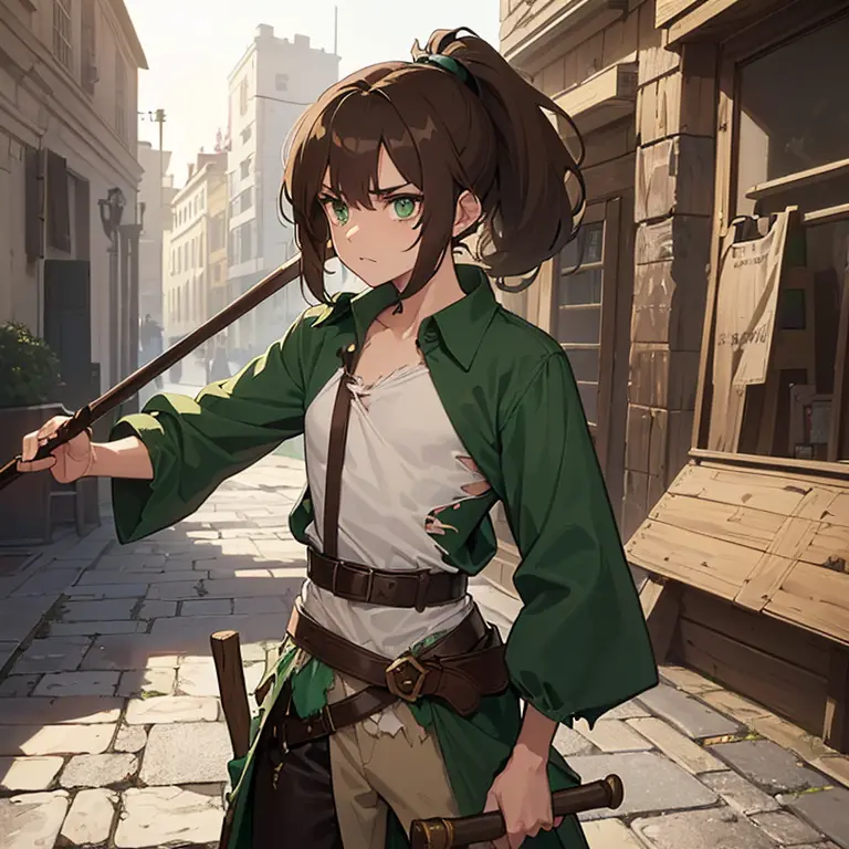 ((1 , thin boy, brown hair with a very small ponytail, green eyes)),((with torn clothes, with an open green blouse, ripped brown...