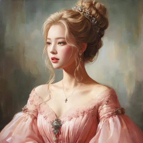 cuadro de una mujer con un vestido rosa y un tiable, hermosa pintura de personajes, pintura digital elegante, Retrato de una pri...