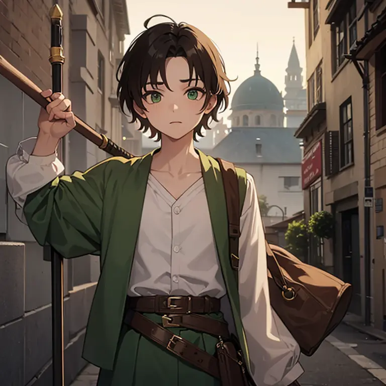 ((1 young boy, brown messy hair, green eyes)),((with an open green blouse, ripped brown pants)),((with a belt, with shit)),((hol...