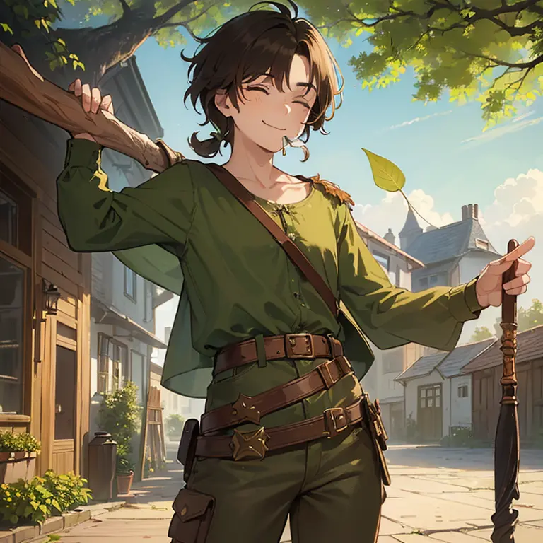 ((1 man, messy brown hair, green eyes)),((with an open green blouse, ripped brown pants)),((with a belt, with shit)),((holding a...