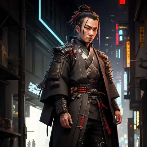 a full body up of a male cybernetic samurai, image size 1:1, cyberpunk samurai, cyberpunk angry looking cybernetic samurai, cybe...
