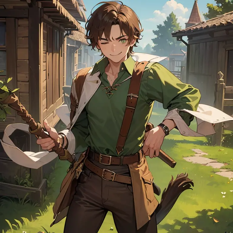 ((1 man, messy brown hair, green eyes)),((with an open green blouse, ripped brown pants)),((with a belt, with shit)),((holding a...
