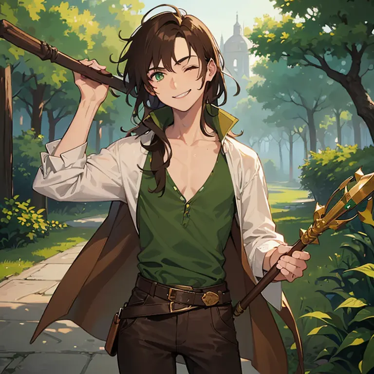 ((1 man, messy brown hair, green eyes)),((with an open green blouse, ripped brown pants)),((with a belt, with shit)),((holding a...