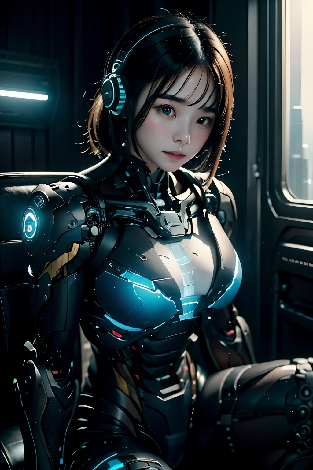 Intelligent Bionic Robot, girl、Cyborg Robot Parts、cable electric wireicrochipright studio、(hyperphotorealism、high-detail、intricate detaileinelighting, rendering by octane、portrait), neon blue Lights, Unreal Engine 5 Renderechanical Public Enemy Style、8K、top-quality、​masterpiece、Low ISO、White Balance、high key lighting、Creates a soft and graceful feel with a shallow depth of field,超A high resolution,muscular, cyberpunked,black hair, mechanisms body, mechanisms legs, blue orb in body