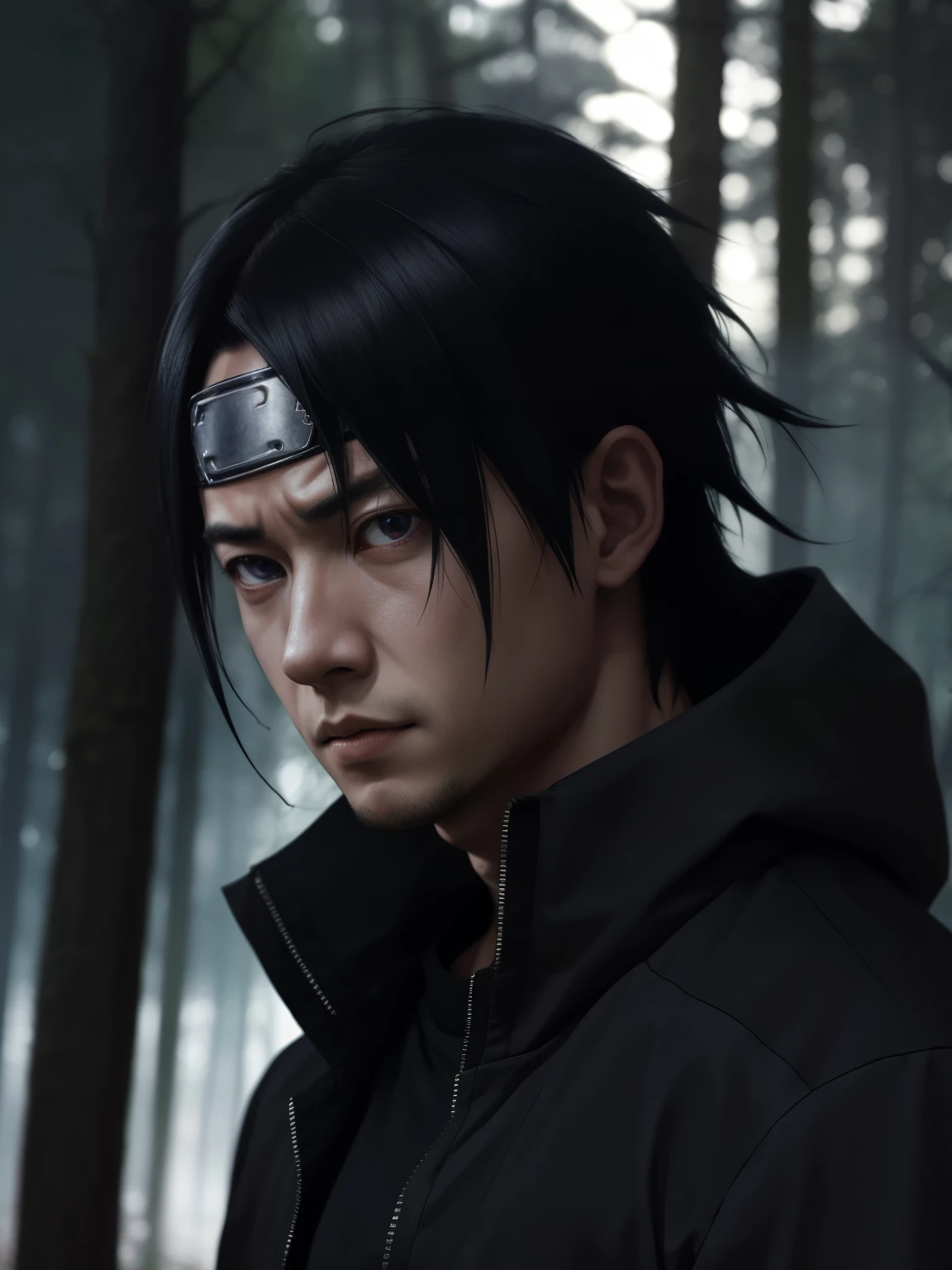 Sasuke uchiha, frame from anime "naruto", in dark clothes, cinematic, high detail, masterpiece, Highest quality, dynamic pose, Against the background of the forest, facing the viewer, portrait