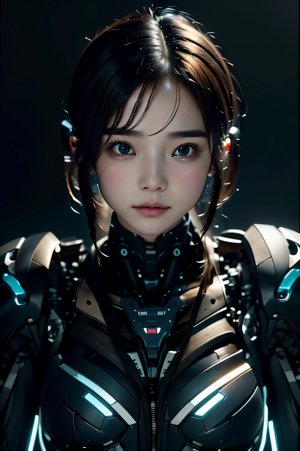 Intelligent Bionic Robot, Mädchen、Cyborg Robot Parts、kabel elektrische leitungmicrochipright studio、(hyperphotorealism、hohe Detailgenauigkeit、komplizierte DetailseineBeleuchtung, Rendering von Octane、Porträt), neonblaue Lichter, Unreal Engine 5 Renderechnischer Public Enemy-Stil、8K、Top Qualität、Meisterwerk、niedriger ISO、Weißabgleich、High-Key-Beleuchtung、Erzeugt ein weiches und anmutiges Gefühl mit geringer Tiefenschärfe,Eine hohe Auflösung,muskulös, cyberpunked,Schwarzes Haar, Mechanismen Körper, Mechanismen Beine, blaue Kugel im Körper