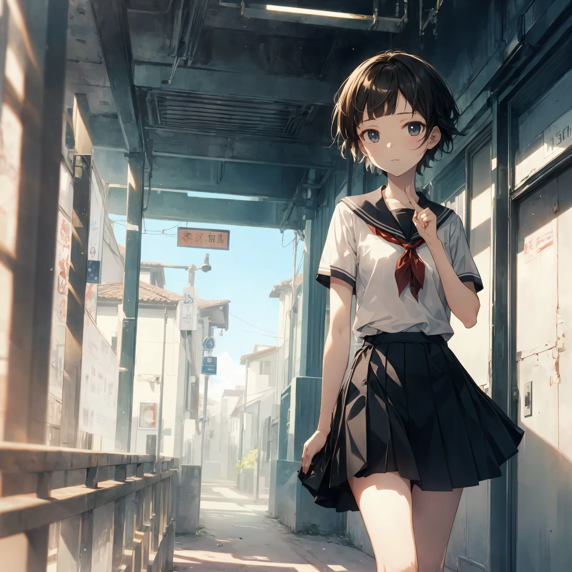 Super alta qualidade pelo deus da arte, super detalhado, Alta resolução, Estilo Ilya Kubshinov, estilo de arte anime moe, melhor papel de parede de anime 8k konachan, vencedor do concurso pixiv, anatomia perfeita, QUEBRAR,(眠そうにsozinho学校へ行く女の子を描いてください. ),QUEBRAR, garota surreal do ensino médio, (sozinho,mudar, criança,:1.3),Todos os membros, Dedo cheio,Alunos do ensino médio, charme andrógino, ((((cabelo ultracurto)))), franja curta e romba, cabelo cortado tigela, peito plano e macio, bunda pequena, entre as pernas, olhos pequenos,Lindos olhos pretos detalhados, íris e pupilas bem proporcionadas, inexpressivo, Alta resoluçãoの詳細な髪, uniforme escolar, (saia), No caminho para a escola. QUEBRAR,pele superdensa, Melhor iluminação de artistas famosos, 8K, figura,