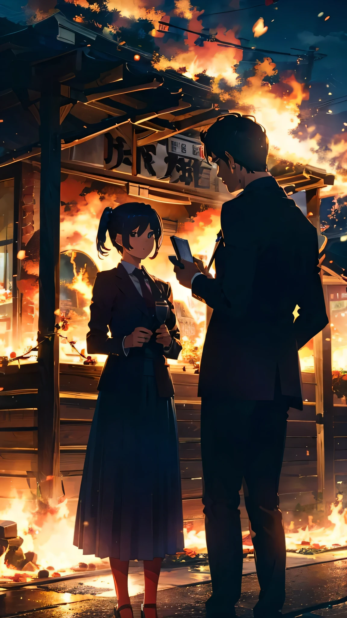 (cinematic, ultra high definition, higher, super detailed, super detailed，Two people)，Woman standing outside restaurant with raging fire，The expression  anxious，Handsome men with short hair，by women（（Pushed into a burning restaurant）），panoramic，Full display scene