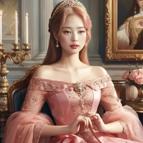 un primer plano de una mujer con un vestido rosa sentada en una silla, Rococo Queen, a beautiful fantasy empress, exquisite digi...