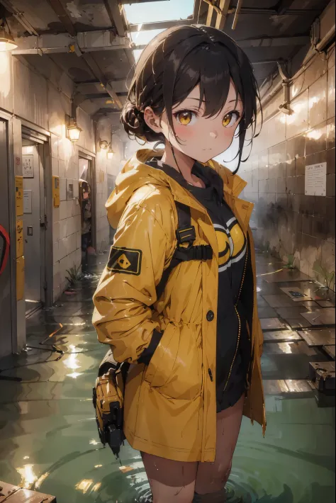 masterpiece, best quality, 1girl, (closeup),(yelow coat, goggles), (serious, dirty face, dirty clothes), in a flooded subway, (facing a giant monster worm:1.1), ruins, dim light, desolate, dark, watercolor, sketch