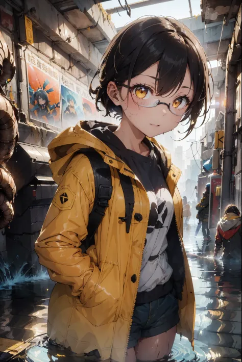 masterpiece, best quality, 1girl, (closeup),(yelow coat, goggles), (serious, dirty face, dirty clothes), in a flooded subway, (f...