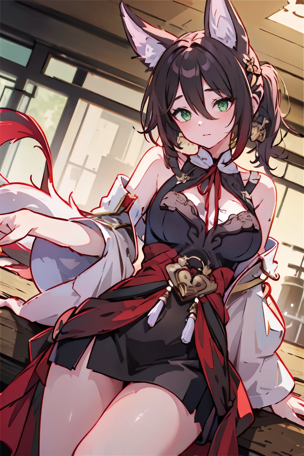 Anime girl with cat ears and a red cape holding a knife - SeaArt AI