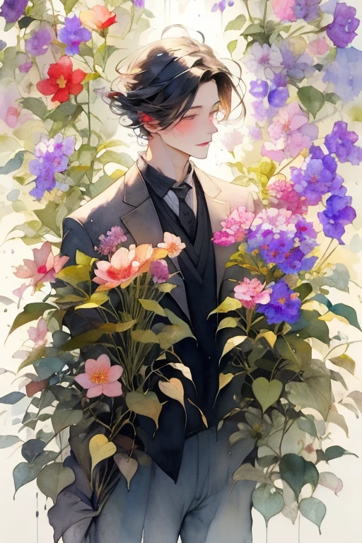 masterpiece, watercolor, 1 man, flower, handsome man, colorful flower