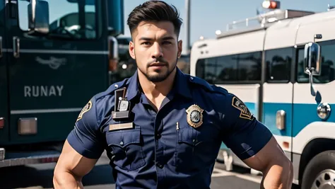 (masterpiece: 1.2), (actual:1.5), (post processing:1.3), (clear focus:1.3),wide angle, 1 male police officer, Korean men ,beard, whole body, ,(badge) ,(abrasions on body...: 1.3), (Navy blue cargo pants: 1.3), short hair hairstyle, (high shadows detail),mu...