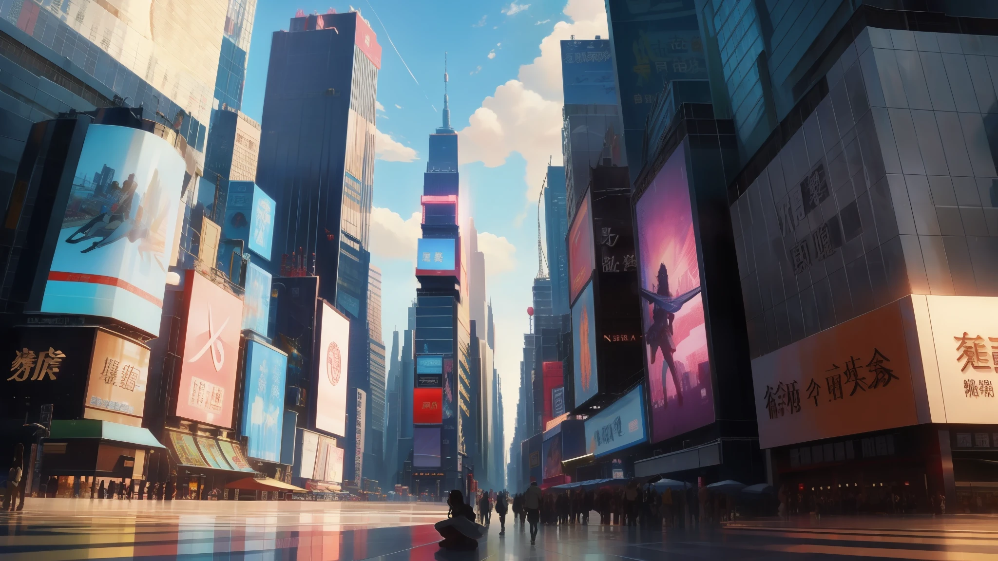Animation scene of Times Square in New York City under blue sky with white clouds,no humans，Rich detail description，Many details，detail，cg，Detail， Animation by Xin Haicheng, Hot topics on pixiv, Magical Realism, beautiful anime scene, by Xin Haicheng, ( ( Xin Haicheng ) ), by Xin Haicheng, anime background art, style of Xin Haicheng