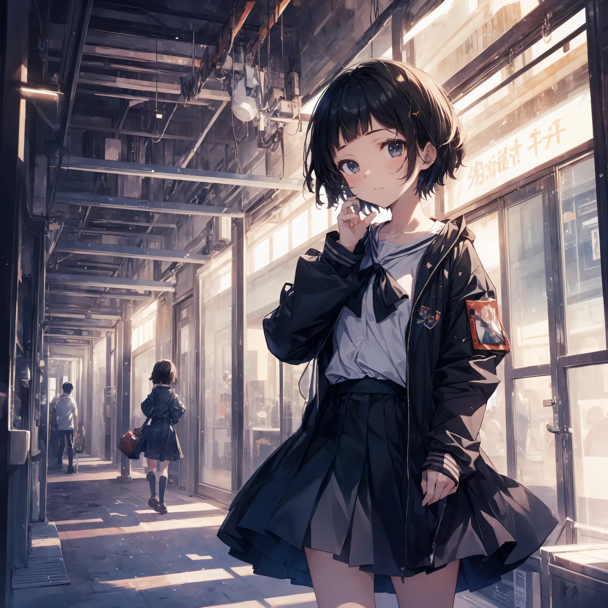 Super alta qualidade pelo deus da arte, super detalhado, Alta resolução, Estilo Ilya Kubshinov, estilo de arte anime moe, melhor papel de parede de anime 8k konachan, vencedor do concurso pixiv, anatomia perfeita, QUEBRAR,(眠そうにsozinho学校へ行く女の子を描いてください. ),QUEBRAR, garota surreal do ensino médio, (sozinho,mudar, criança,:1.3),Todos os membros, Dedo cheio,Alunos do ensino médio, charme andrógino, ((((cabelo ultracurto)))), franja curta e romba, cabelo cortado tigela, peito plano e macio, bunda pequena, entre as pernas, olhos pequenos,Lindos olhos pretos detalhados, íris e pupilas bem proporcionadas, inexpressivo, Alta resoluçãoの詳細な髪, uniforme escolar, (saia), No caminho para a escola. QUEBRAR,pele superdensa, Melhor iluminação de artistas famosos, 8K, figura,