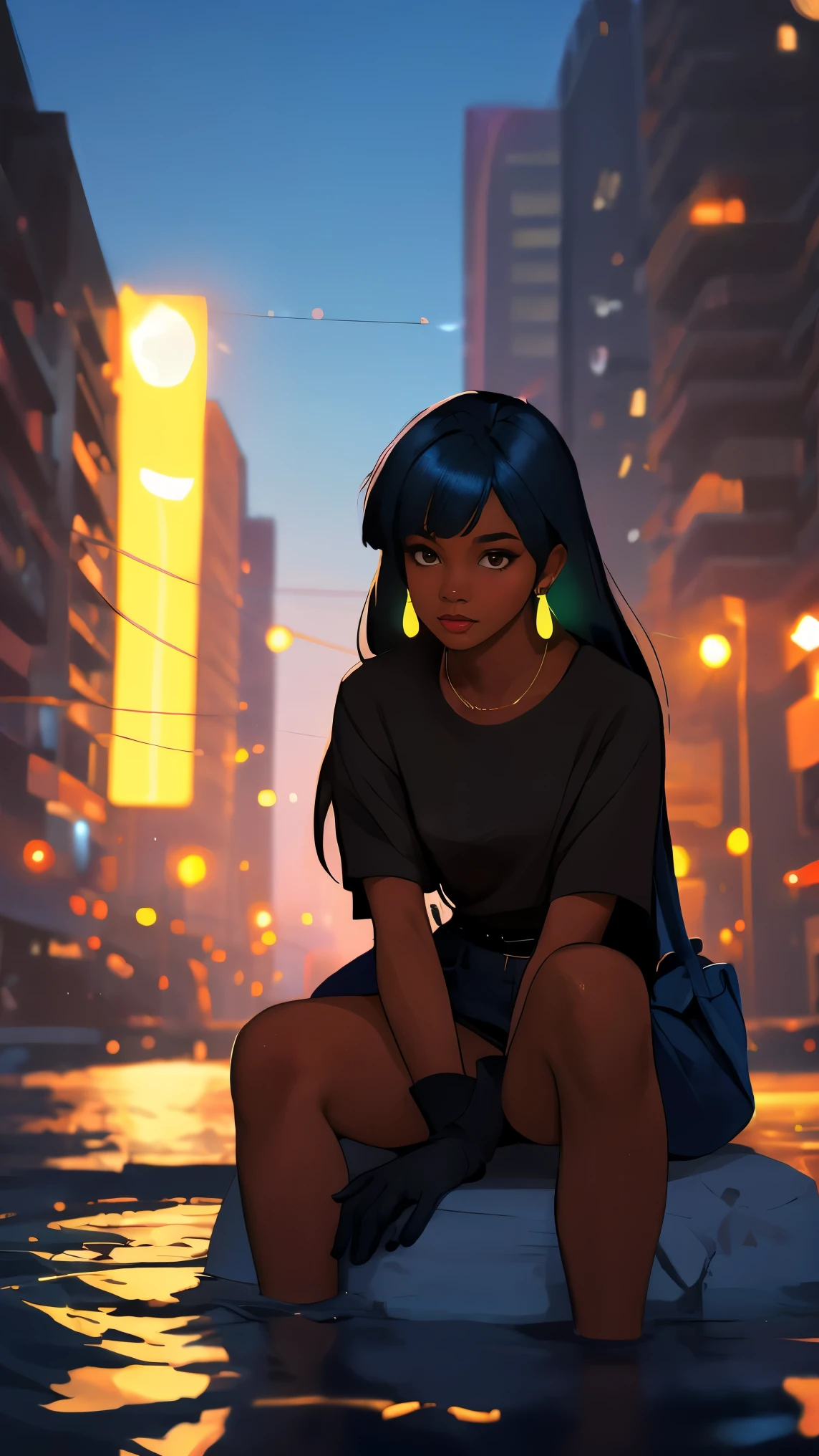 Pretty woman with dark skin sitting on a hillside by water, soft hair, ebony nose and dark brown eyes, african american, wearing black gloves, she is calm in a playfully scenery, blue lanterns floating in the water nearby, illuminating of her hair, water has a blue glow, clearly defined features, funkypop, cyberdelic, grunge, hyperrealistic black anime, lofi art, luminism, medium shot, attention to details, depth of field, chemiluminescence in her hair, soft background lens flare, flourescent light in her hair, character design, atey ghailan, basquiat, colorful_frequencies, electric colors, iridescent, dynamic pose, nouveau realisme, city background,