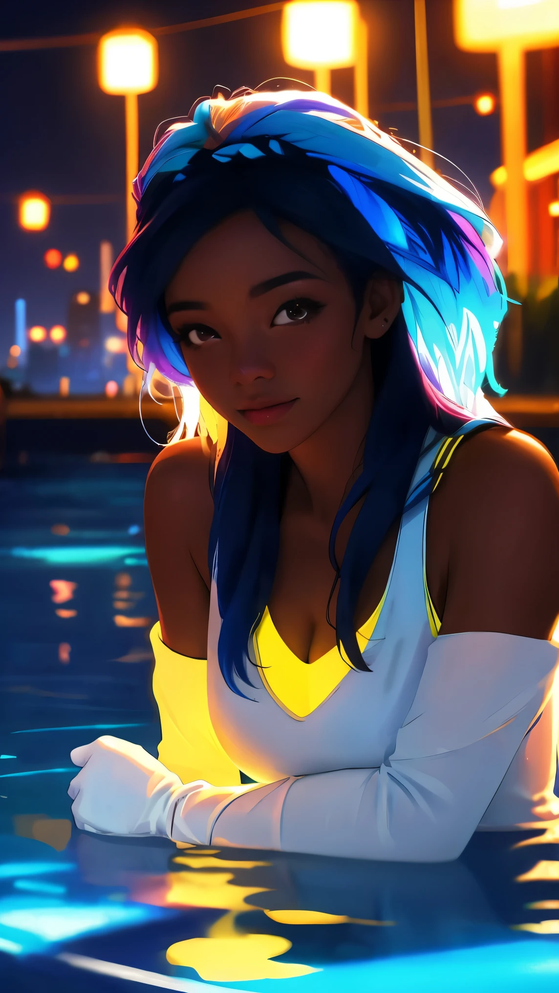 Pretty woman with dark skin sitting on a hillside by water, soft hair, ebony nose and dark brown eyes, african american, wearing gloves, she is calm in a playfully scenery, blue lanterns floating in the water nearby, illuminating of her hair, water has a blue glow, clearly defined features, funkypop, cyberdelic, grunge, hyperrealistic black anime, lofi art, luminism, medium shot, attention to details, depth of field, chemiluminescence in her hair, soft background lens flare, flourescent light in her hair, character design, atey ghailan, basquiat, colorful_frequencies, electric colors, iridescent, dynamic pose, nouveau realisme, city background,