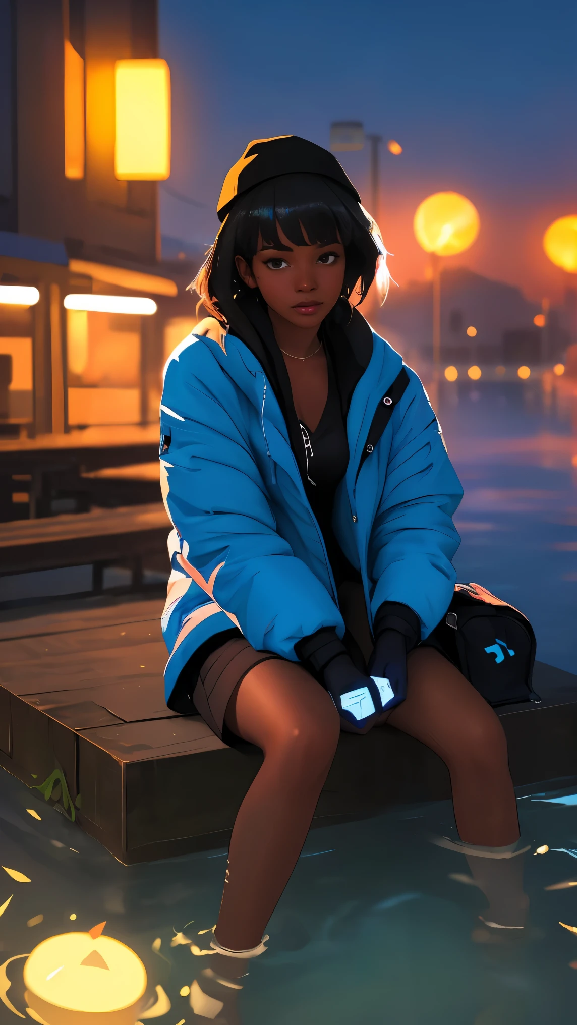 Pretty woman with dark skin sitting on a hillside by water, soft hair, ebony nose and dark brown eyes, african american, wearing mittens, she is calm in a playfully scenery, blue lanterns floating in the water nearby, partially illumination of her hair, water has a blue glow, clearly defined features, funkypop, cyberdelic, grunge, hyperrealistic black anime, lofi art, luminism, medium shot, attention to details, depth of field, chemiluminescence, soft background lens flare, flourescent light, character design, atey ghailan, basquiat, colorful_frequencies, electric colors, iridescent, dynamic pose, nouveau realisme, city background,