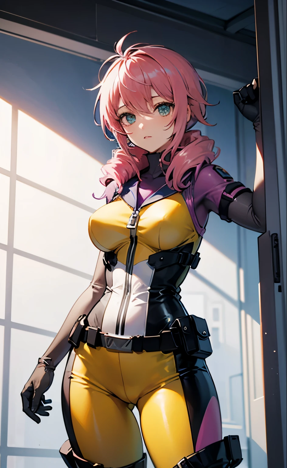 masterpiece, best quality, 1girl, short hair, drill hair, pink platinum hair, yellow space suit, white collar, gray gloves, slender waist, wide hips,