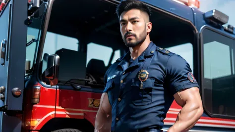 (masterpiece: 1.2), (actual:1.5), (post processing:1.3), (clear focus:1.3),1 male police officer, Korean men ,beard, whole body, ,(badge) ,(abrasions on body...: 1.3), (Navy blue cargo pants: 1.3), short hair hairstyle, (high shadows detail),muscle, 手臂musc...