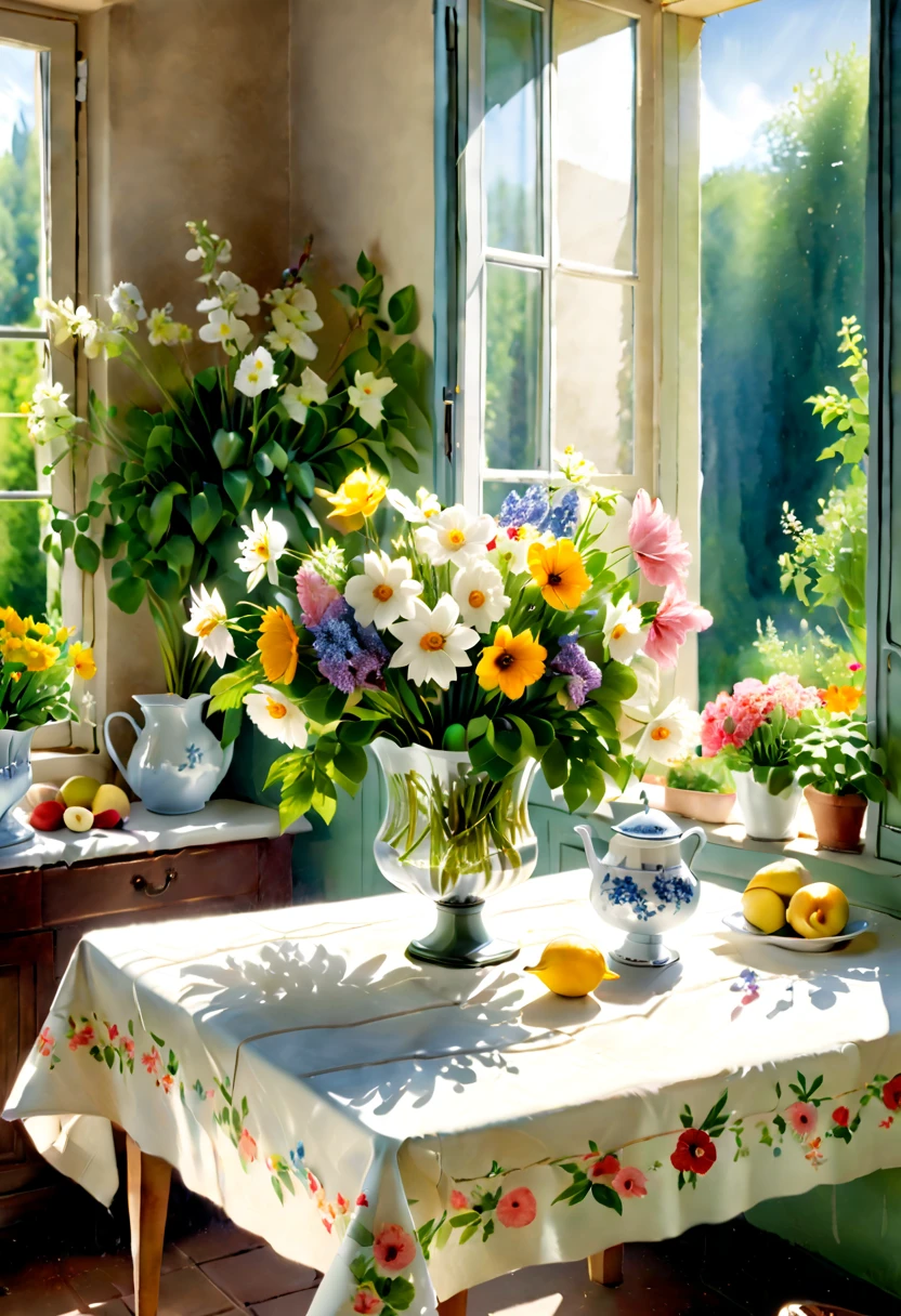 Close-up of a table，There is a vase of flowers on it, pleasant environment, There is a French garden, house kitchen on a sunny day, French countryside interior, author：Bernard D&#39;Andrea, Bright windows illuminate the kitchen, Architectural Digest, home and garden magazine, house and garden, Architectural Digest photo, summer morning light, There are flowers and plants, floral watercolor painting